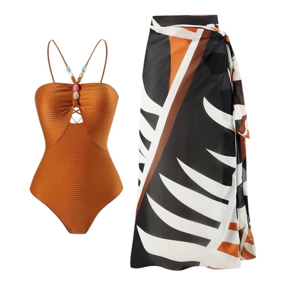 IMEKIS Women One Piece Swimsuit with Sarong Set